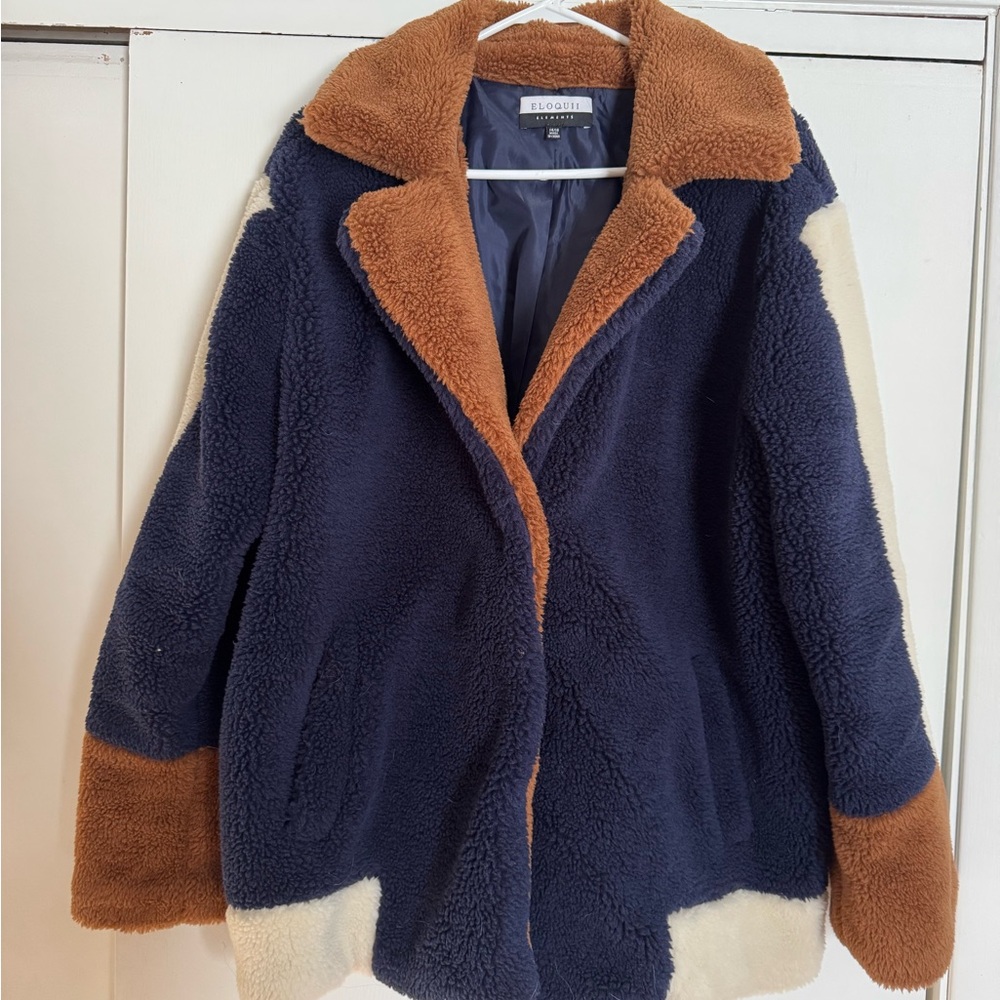 Eloquii Blue and Brown Teddy Jacket Cozy Colorblock Design
